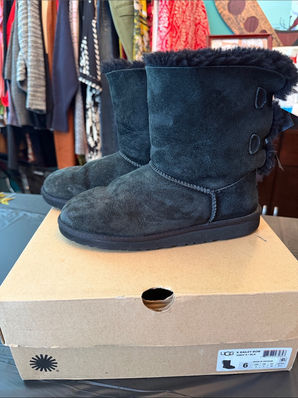 UGG Black Short Shearling Boots with Back Bows